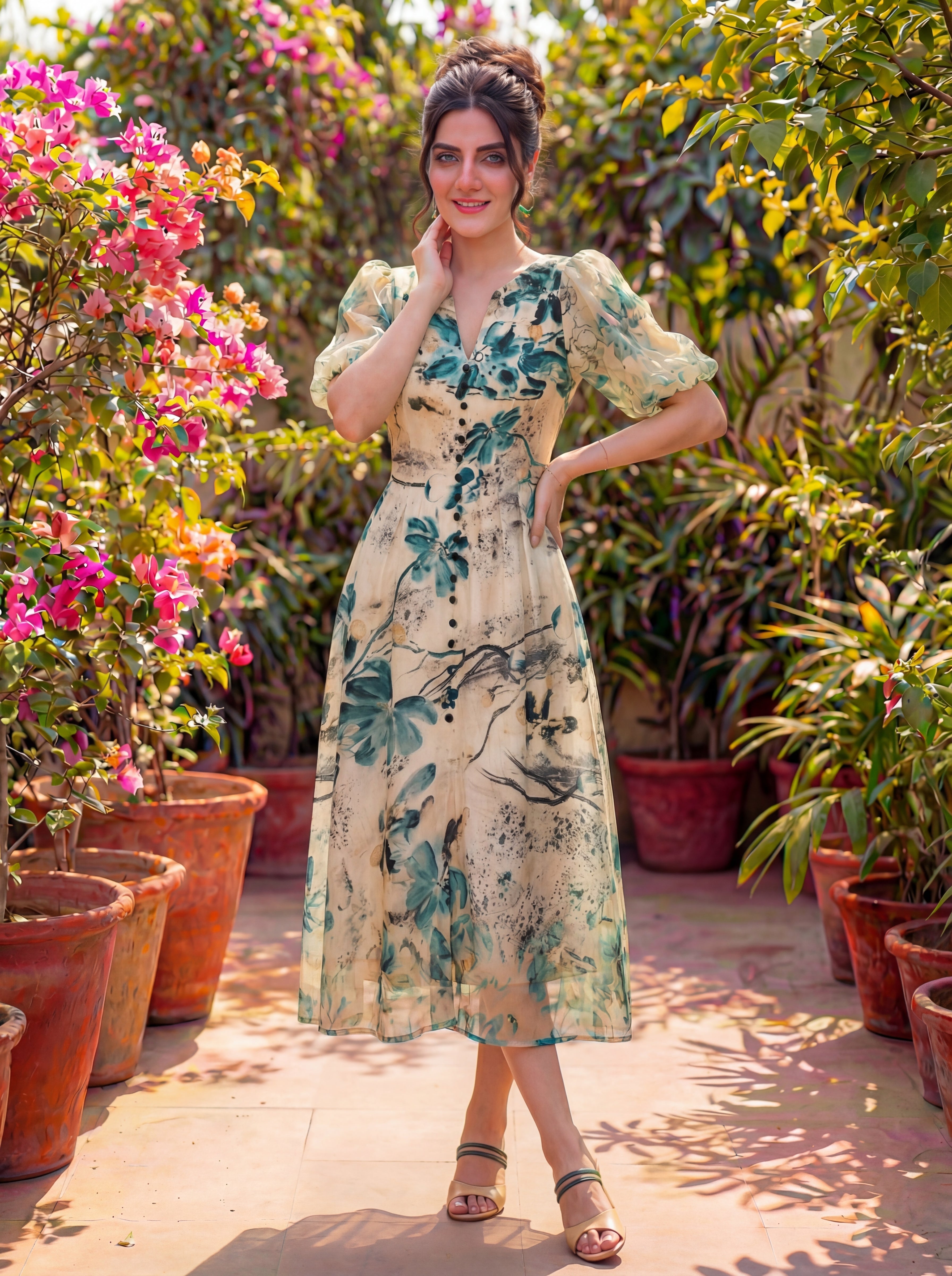 Teal Garden Silk Georgette Midi Dress