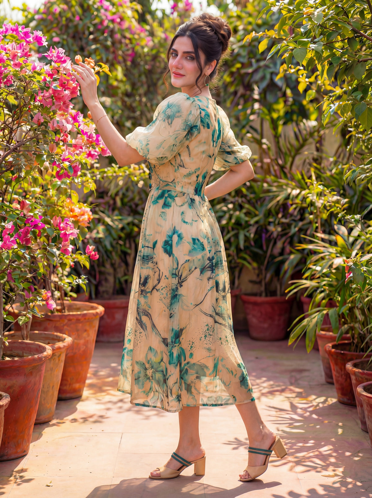Teal Garden Silk Georgette Midi Dress