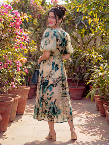 Teal Garden Silk Georgette Midi Dress